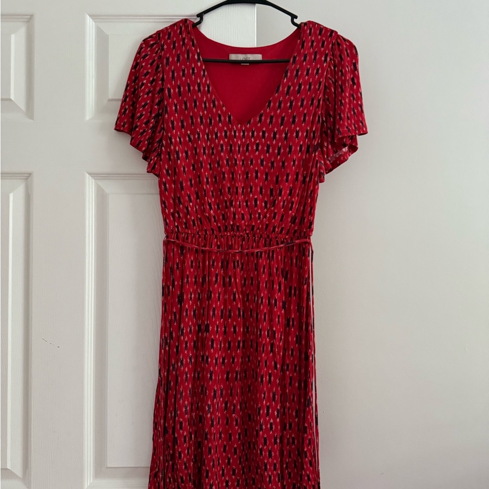 LOFT Red and White Flutter Sleeve Maxi Dress